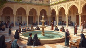 Muslims studying and relaxing around a fountain